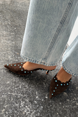 Chocolate Suede Mules with Turquoise Studs
