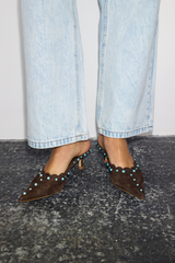 Chocolate Suede Mules with Turquoise Studs