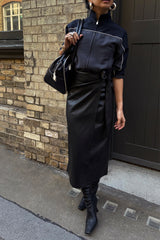 Black Vegan Leather Wrap Skirt