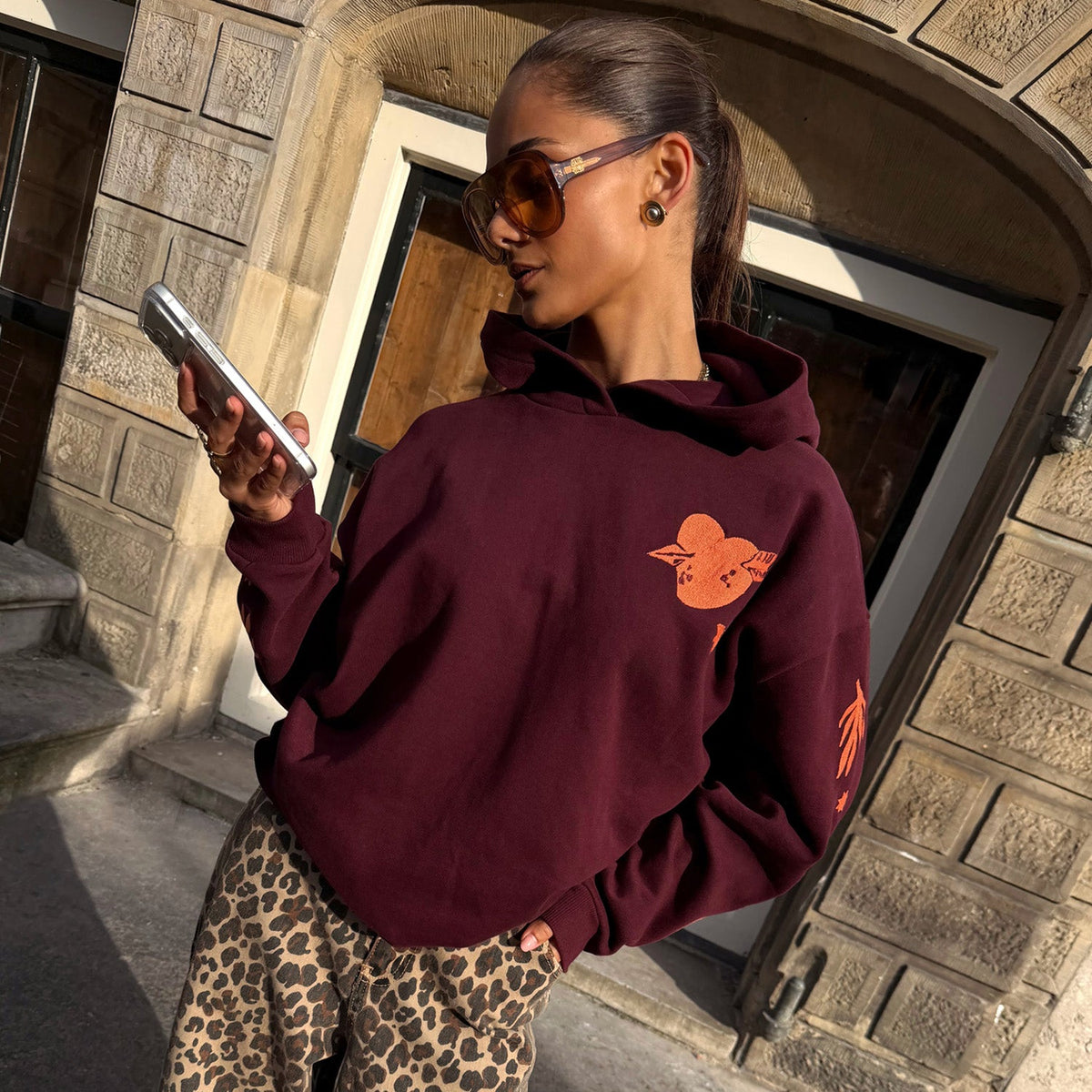 Burgundy Hoodie with Coral Embroidery