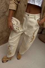 Ecru Raffia Palma Barrel Leg Jeans
