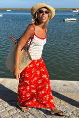 Red Floral Midi Skirt