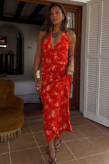 Red Floral Halter Dress
