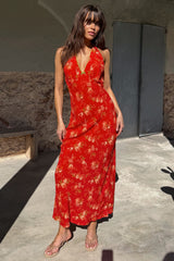 Red Floral Halter Dress