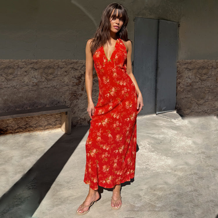 Red Floral Halter Dress