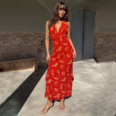 Red Floral Halter Dress