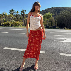 Red Floral Midi Skirt
