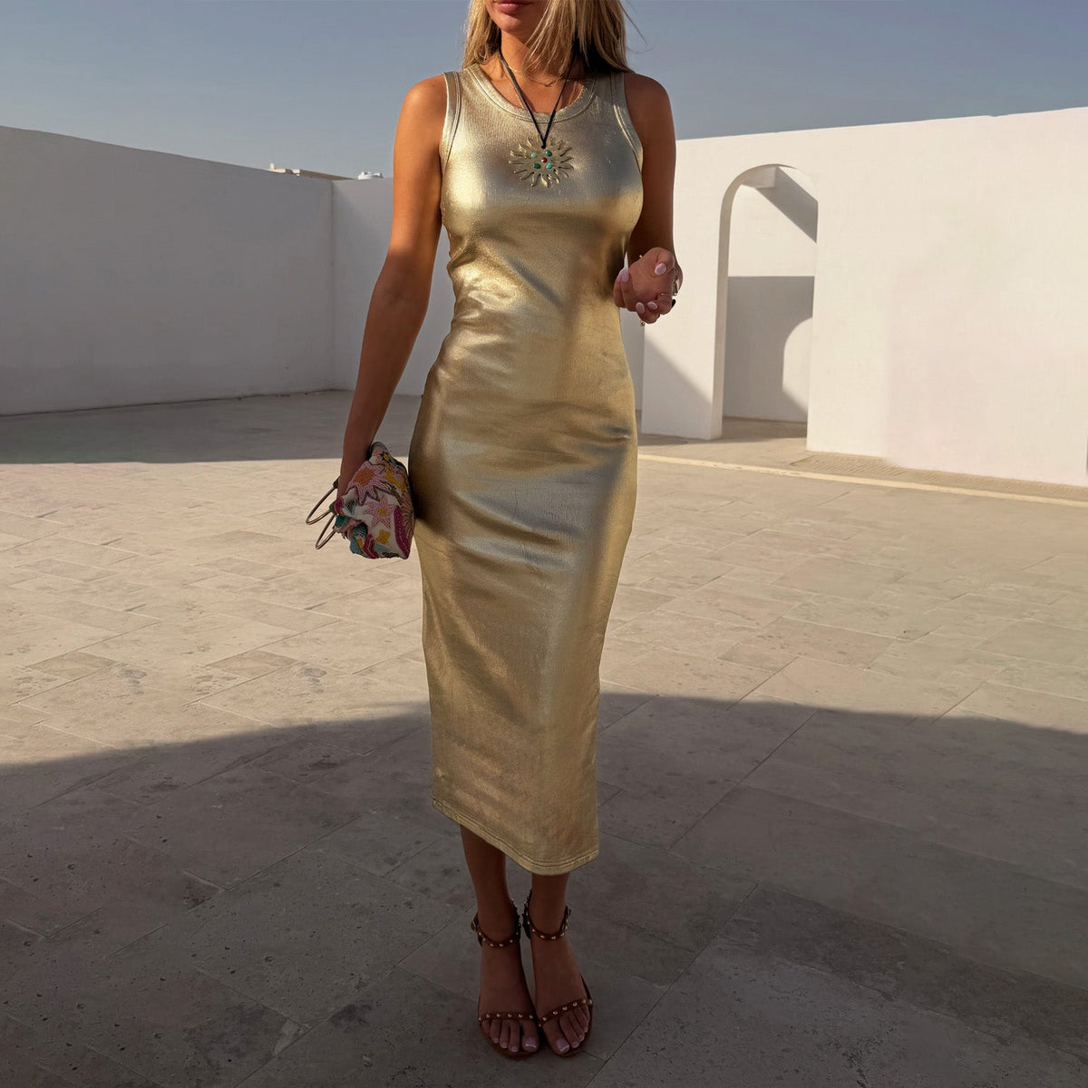 Gold Metallic Ribbed Dress