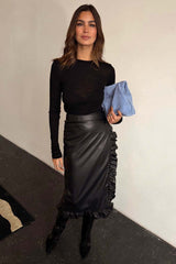 Black Vegan Leather Ruffle Jaspre Skirt
