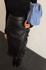Black Vegan Leather Ruffle Jaspre Skirt
