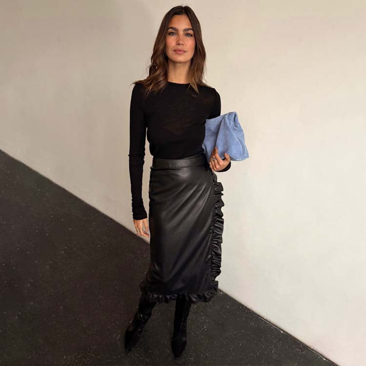Black Vegan Leather Ruffle Jaspre Skirt