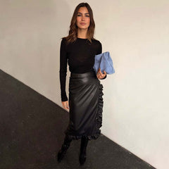 Black Vegan Leather Ruffle Jaspre Skirt