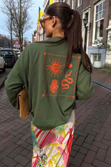 Khaki Sweatshirt with Orange Embroidery