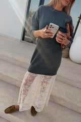 Grey Knit Jumper Dress with Sheer Lace Skirt