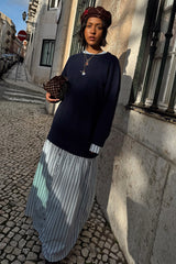 Navy Knit Jumper Dress with Stripe Cotton Skirt