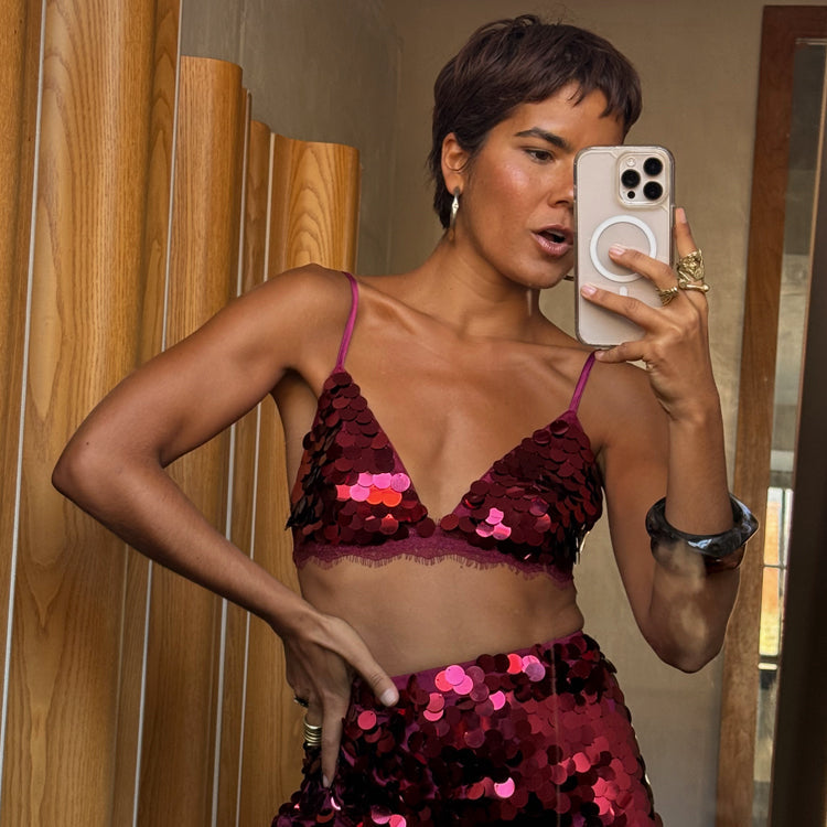 Burgundy Sequin Bra with Lace Trim