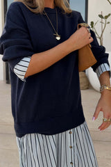 Navy Knit Jumper Dress with Stripe Cotton Skirt