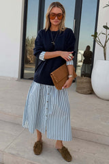 Navy Knit Jumper Dress with Stripe Cotton Skirt