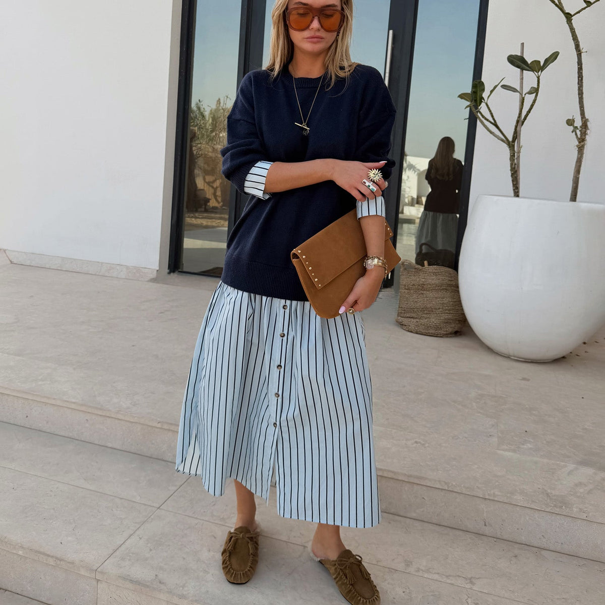 Navy Knit Jumper Dress with Stripe Cotton Skirt