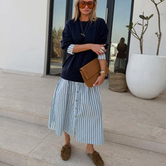 Navy Knit Jumper Dress with Stripe Cotton Skirt