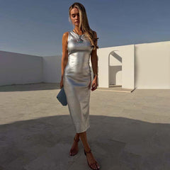 Silver Metallic Ribbed Dress