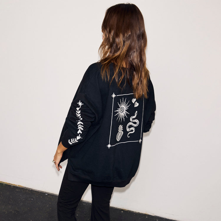 Black Sweatshirt with Ecru Embroidery