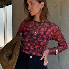 Cherry Mesh Long Sleeve Top