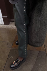 Bottle Green Studded Vegan Leather Trousers Petite