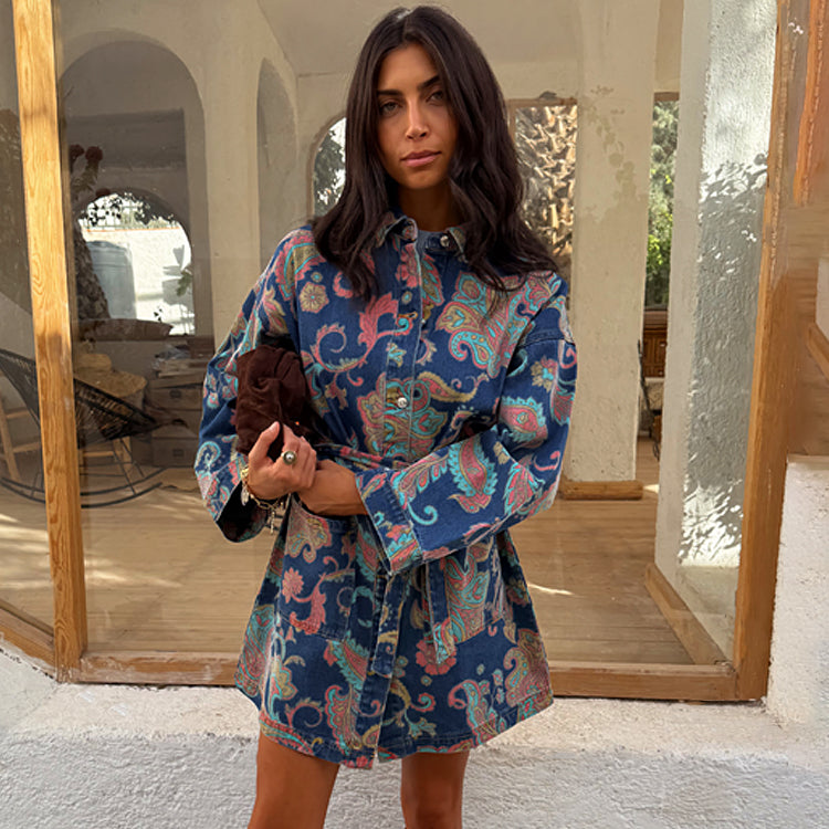 Denim Paisley Belted Shacket