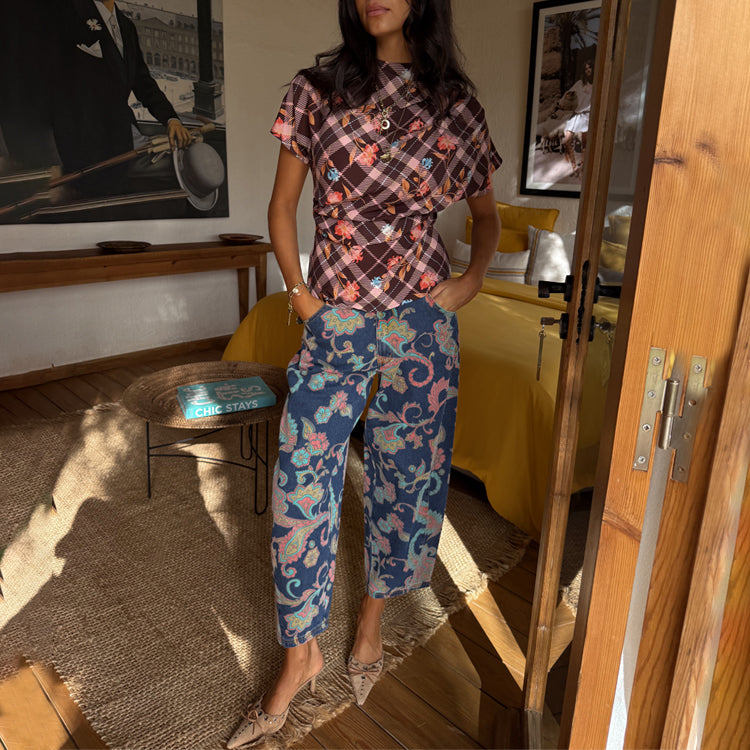 Denim Paisley Barrel Leg Jeans