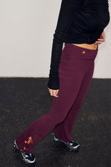 Burgundy Cotton Wide Leg Pants with Coral Embroidery
