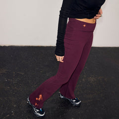 Burgundy Cotton Wide Leg Pants with Coral Embroidery