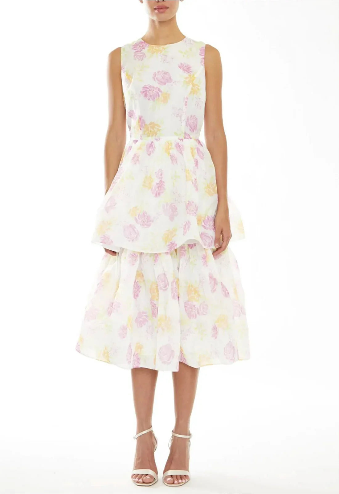 True Decadence Quinn Bright-Pastel Floral Sleeveless Tiered Midi-Dress