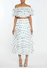 True Decadence Scarlett Co-Ord White-Pink Floral Organza Bardot Ruffle Crop Top