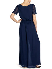 Gina Bacconi Navy Chiffon Layered Trouser With Slits