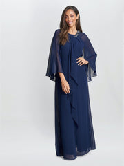 Gina Bacconi Navy Polly Maxi Halter Neck Dress With Embellishment And Capelet Sleeves