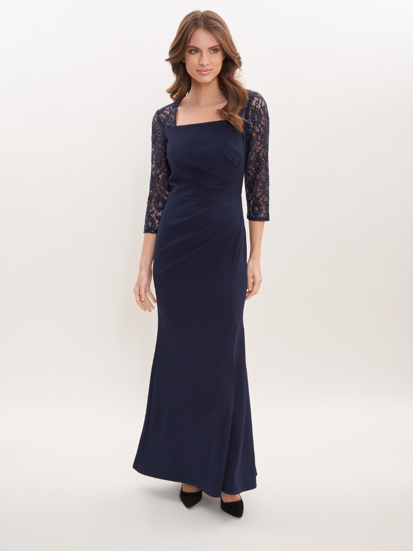 Gina Bacconi Navy Una Maxi Dress With Lace Sleeves