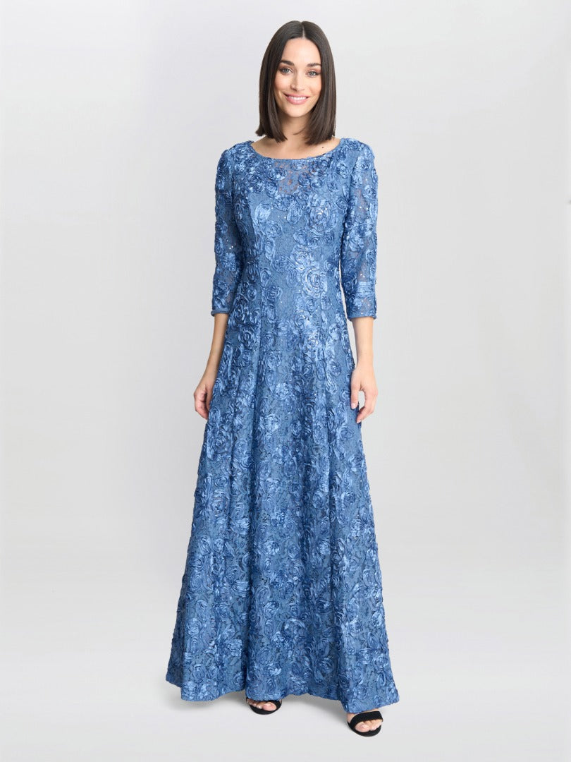 Gina Bacconi Susanna Rosette Maxi Dress With 3/4 Illusion Sleeves