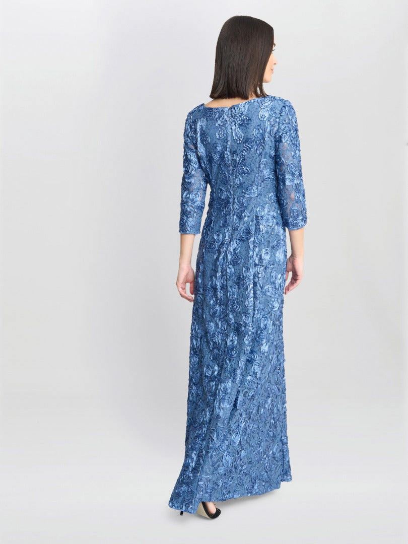 Gina Bacconi Susanna Rosette Maxi Dress With 3/4 Illusion Sleeves